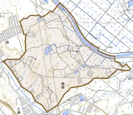 越畑とその周辺の地図。町の範囲を重ねている