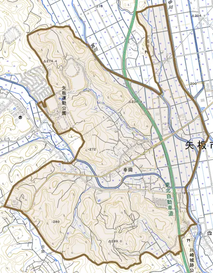 幸岡とその周辺の地図。町の範囲を重ねている
