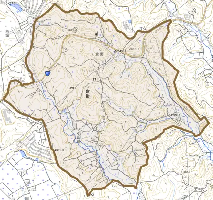 倉掛とその周辺の地図。町の範囲を重ねている