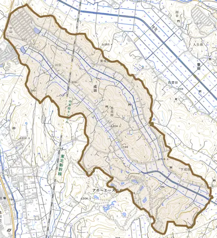 成田とその周辺の地図。町の範囲を重ねている