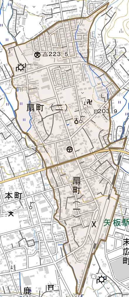 扇町とその周辺の地図。町の範囲を重ねている