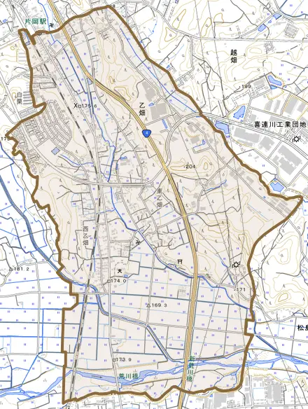 乙畑とその周辺の地図。町の範囲を重ねている