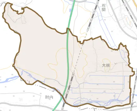 大槻とその周辺の地図。町の範囲を重ねている