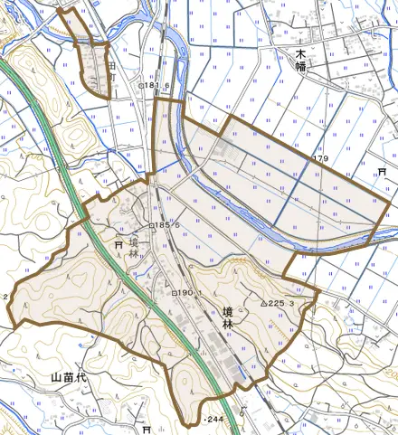 境林とその周辺の地図。町の範囲を重ねている