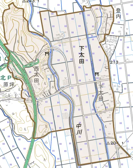 下太田とその周辺の地図。町の範囲を重ねている
