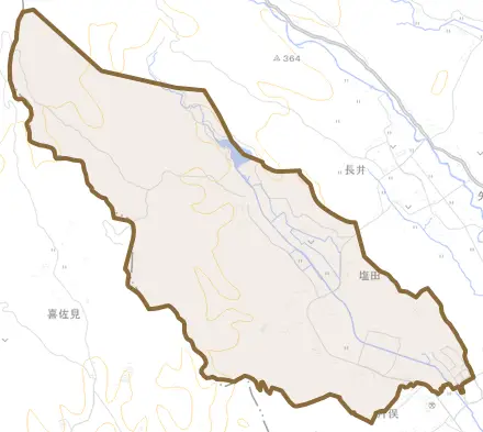 塩田とその周辺の地図。町の範囲を重ねている