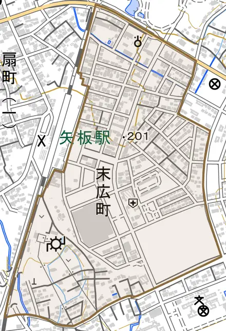 末広町とその周辺の地図。町の範囲を重ねている