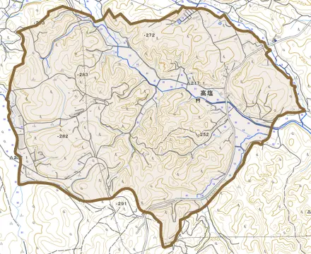 高塩とその周辺の地図。町の範囲を重ねている