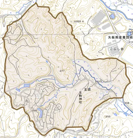 玉田とその周辺の地図。町の範囲を重ねている