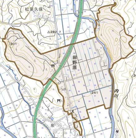 田野原とその周辺の地図。町の範囲を重ねている