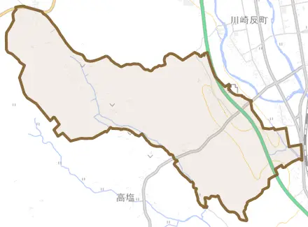 館ノ川とその周辺の地図。町の範囲を重ねている