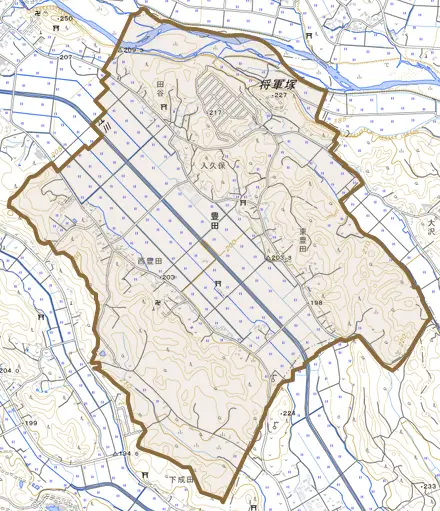 豊田とその周辺の地図。町の範囲を重ねている
