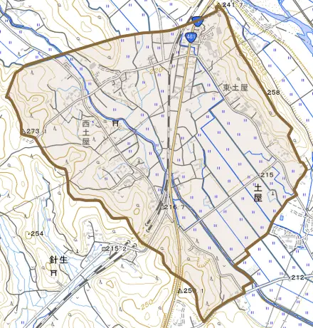 土屋とその周辺の地図。町の範囲を重ねている