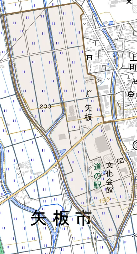 矢板とその周辺の地図。町の範囲を重ねている