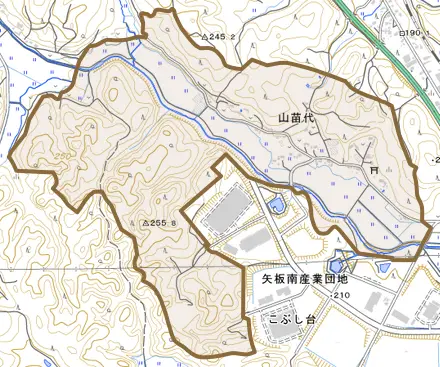 山苗代とその周辺の地図。町の範囲を重ねている