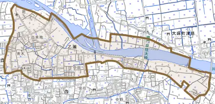 乙瀬とその周辺の地図。町の範囲を重ねている