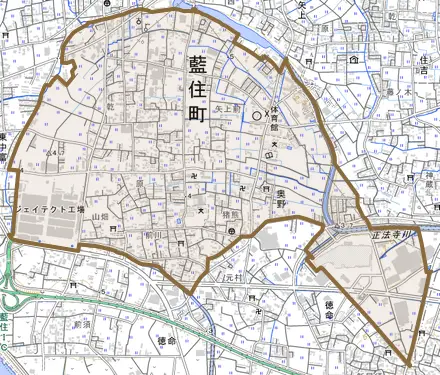 奥野とその周辺の地図。町の範囲を重ねている