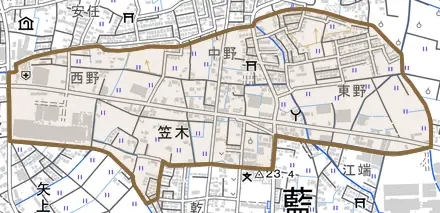 笠木とその周辺の地図。町の範囲を重ねている