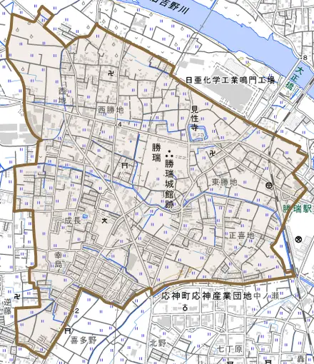 勝瑞とその周辺の地図。町の範囲を重ねている