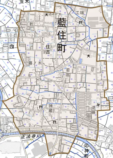 住吉とその周辺の地図。町の範囲を重ねている