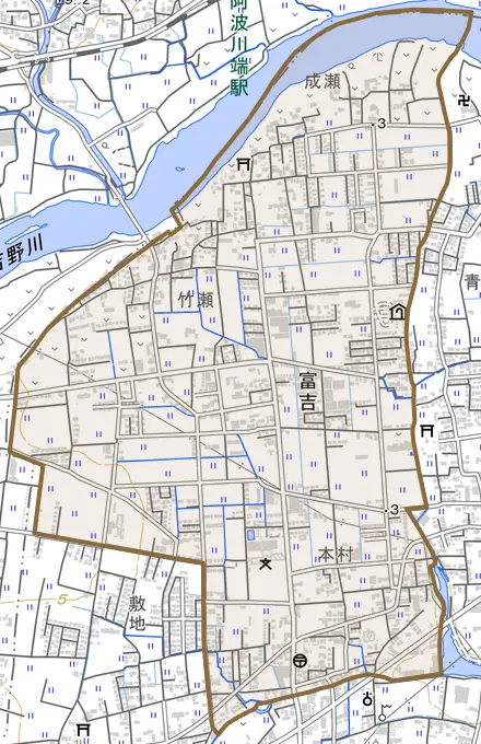 富吉とその周辺の地図。町の範囲を重ねている