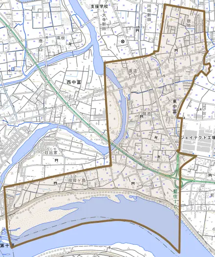 東中富とその周辺の地図。町の範囲を重ねている