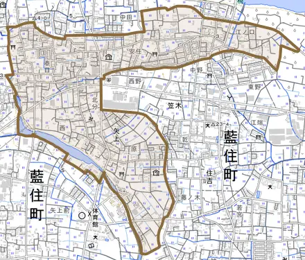 矢上とその周辺の地図。町の範囲を重ねている