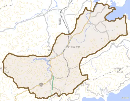 福井町とその周辺の地図。町の範囲を重ねている