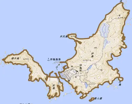 伊島町とその周辺の地図。町の範囲を重ねている