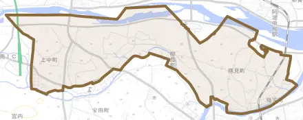 上中町とその周辺の地図。町の範囲を重ねている