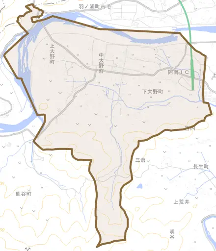 上大野町とその周辺の地図。町の範囲を重ねている
