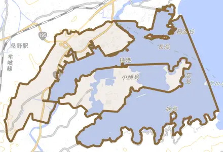 橘町とその周辺の地図。町の範囲を重ねている