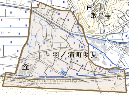 羽ノ浦町とその周辺の地図。町の範囲を重ねている