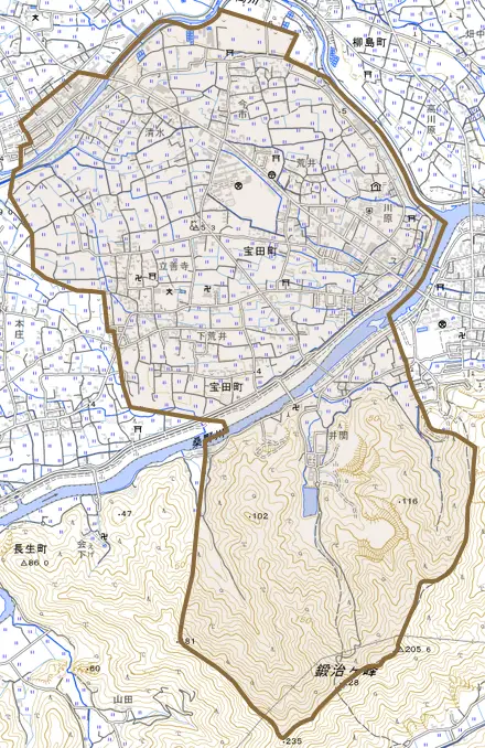 宝田町とその周辺の地図。町の範囲を重ねている