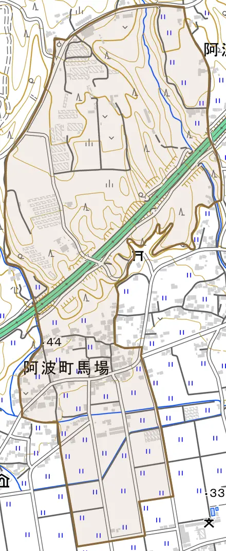 阿波町馬場とその周辺の地図。町の範囲を重ねている