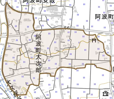 阿波町大次郎とその周辺の地図。町の範囲を重ねている