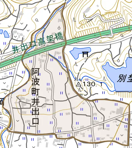 阿波町井出口とその周辺の地図。町の範囲を重ねている