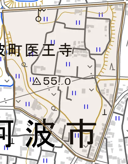 阿波町医王寺とその周辺の地図。町の範囲を重ねている