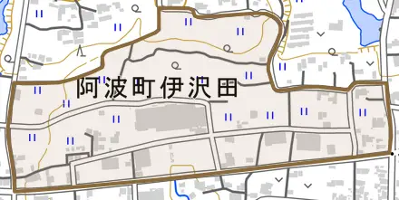 阿波町伊沢田とその周辺の地図。町の範囲を重ねている