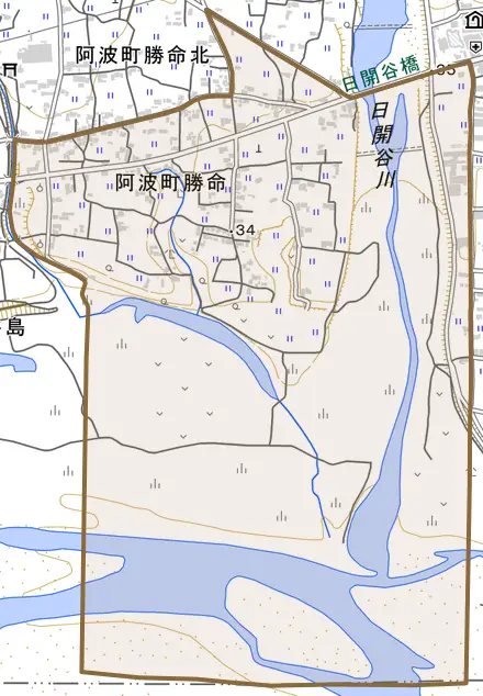 阿波町勝命とその周辺の地図。町の範囲を重ねている