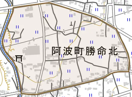 阿波町勝命北とその周辺の地図。町の範囲を重ねている