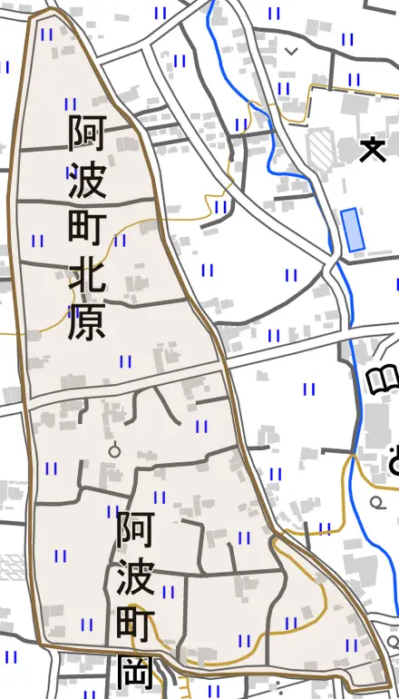 阿波町北原とその周辺の地図。町の範囲を重ねている