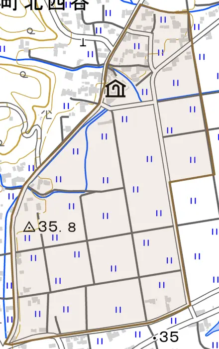 阿波町北整理とその周辺の地図。町の範囲を重ねている