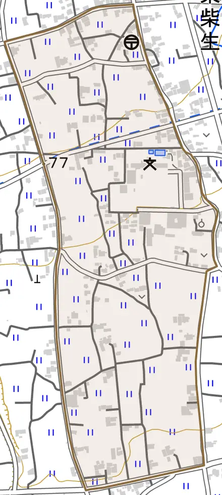 阿波町南柴生とその周辺の地図。町の範囲を重ねている