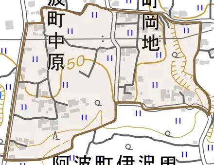 阿波町中原とその周辺の地図。町の範囲を重ねている
