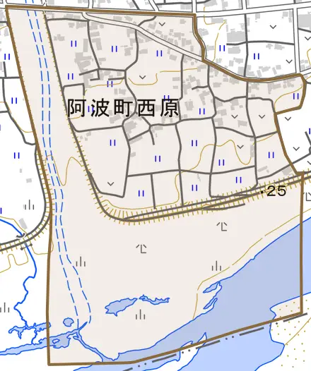 阿波町西原とその周辺の地図。町の範囲を重ねている