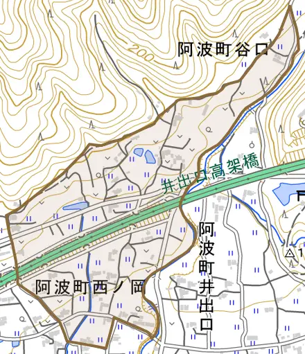 阿波町西ノ岡とその周辺の地図。町の範囲を重ねている