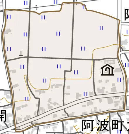 阿波町大原とその周辺の地図。町の範囲を重ねている