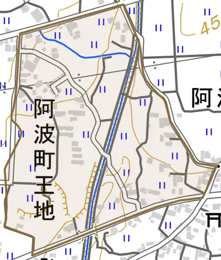 阿波町王地とその周辺の地図。町の範囲を重ねている