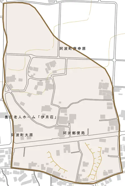 阿波町王地南とその周辺の地図。町の範囲を重ねている